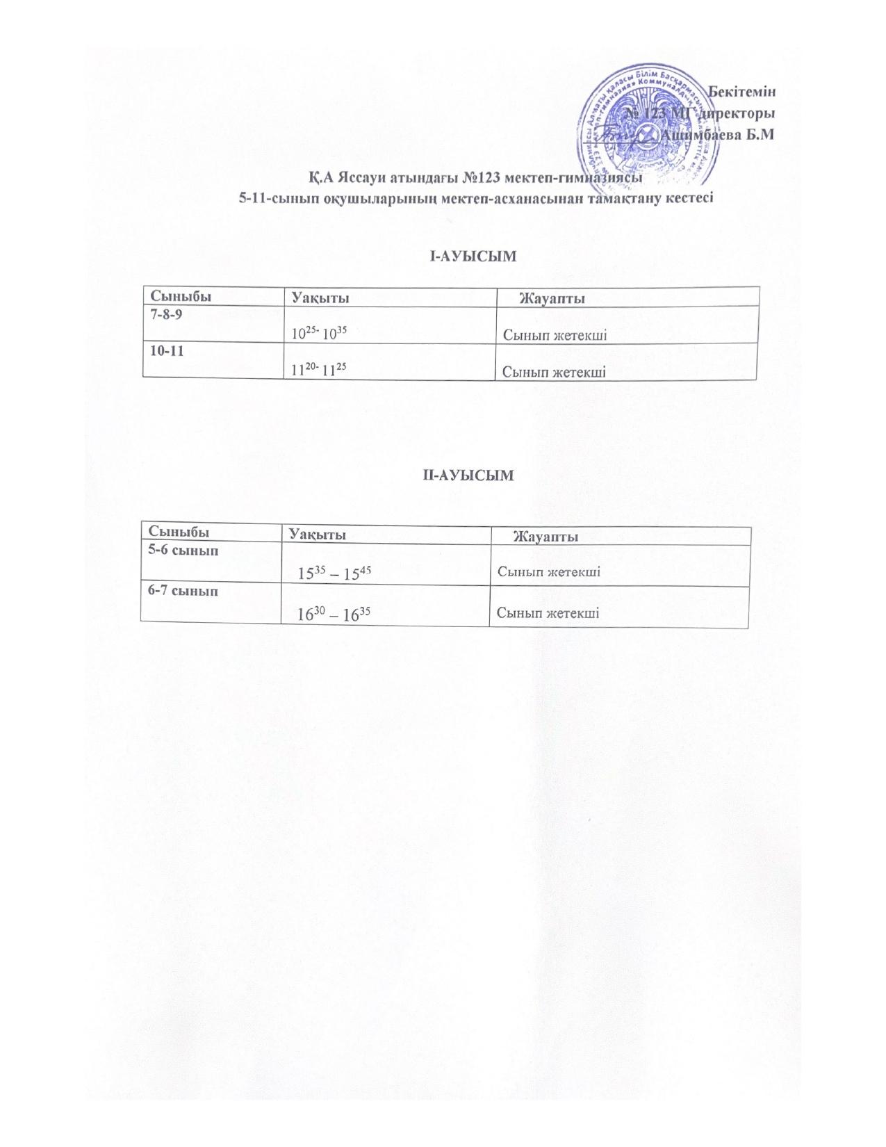 5-11 сынып оқушыларының мектеп - асханасынан тамақтану кестесі